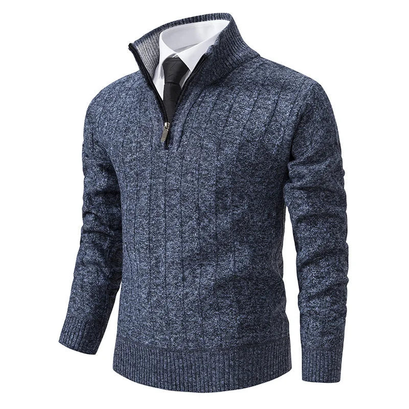Blue Men's Half Zip Sweater with Cable Knit Texture & Stand Collar - Front Angle Pose
