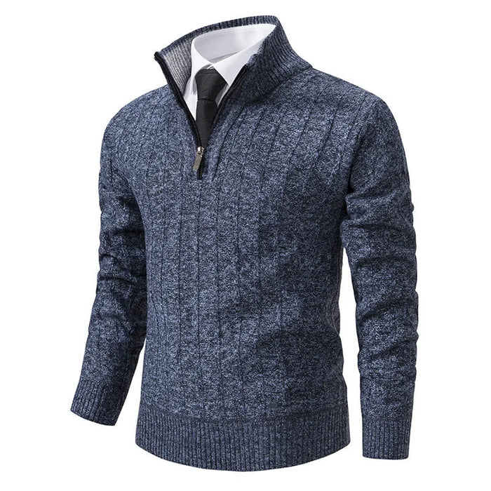 Blue Men's Half Zip Sweater with Cable Knit Texture & Stand Collar - Front Angle Pose