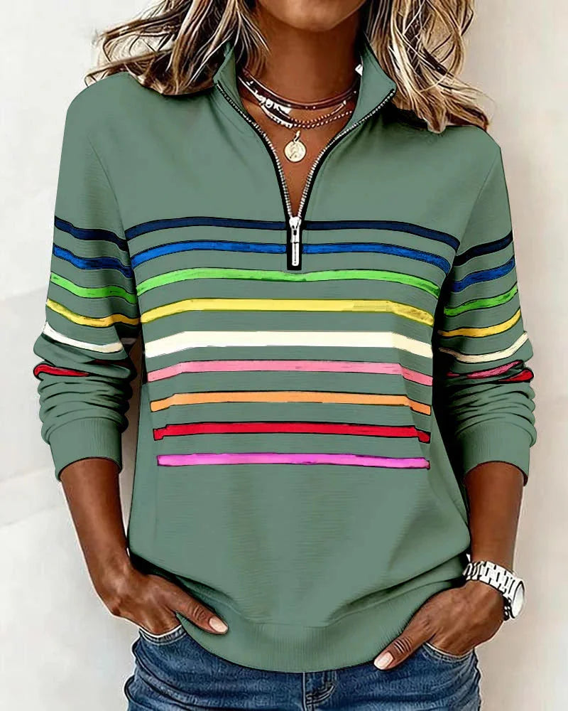 Green Women's Striped Half Zip Sweatshirt with Stand Collar & Ribbed Cuffs