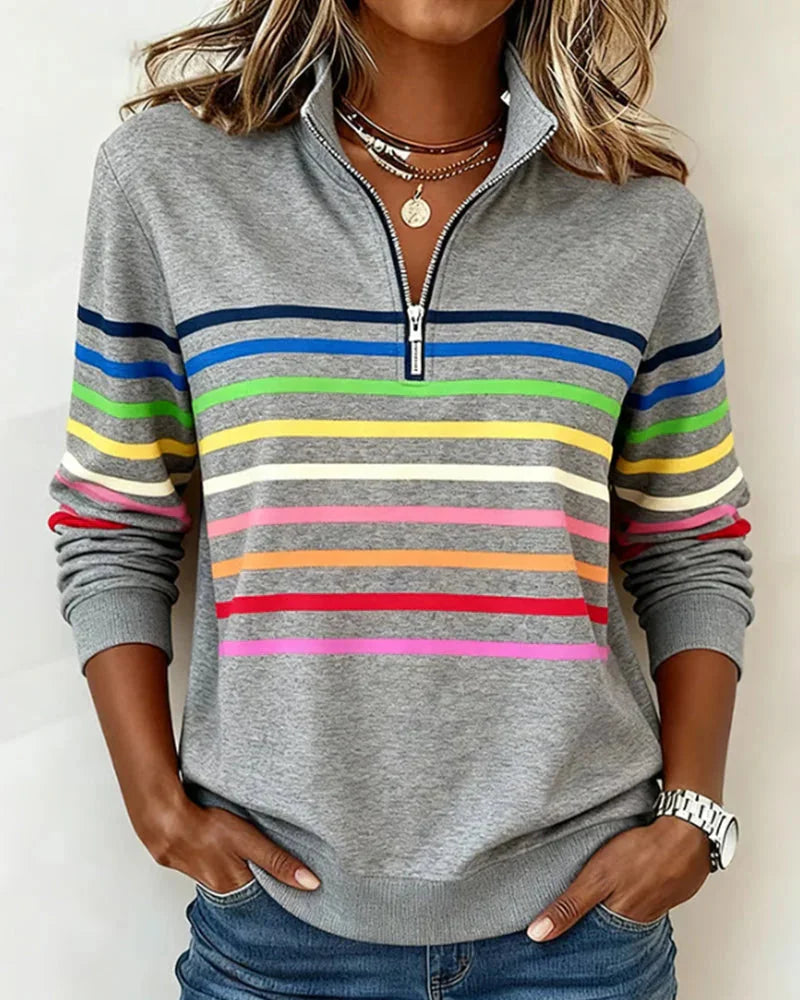 Grey Women's Striped Half Zip Sweatshirt with Stand Collar & Ribbed Cuffs