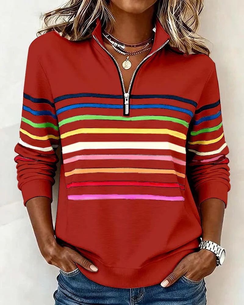 Red Women's Striped Half Zip Sweatshirt with Stand Collar & Ribbed Cuffs