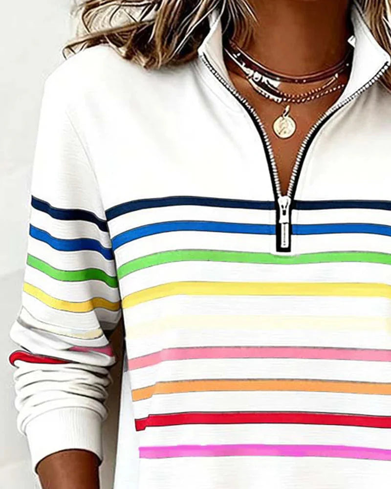 Women's Striped Half Zip Sweatshirt with Stand Collar & Ribbed Cuffs - Close Up Neckline