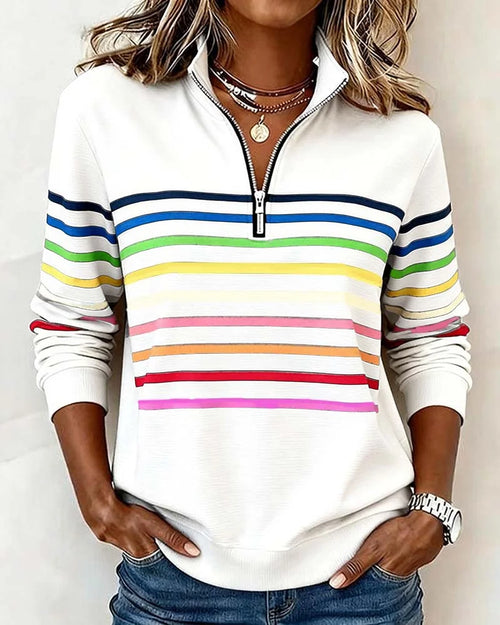 White Women's Striped Half Zip Sweatshirt with Stand Collar & Ribbed Cuffs - Front Pose