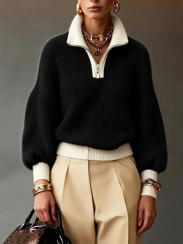 Black Women's Half Zip Sweater with Stand Collar & Ribbed Cuffs
