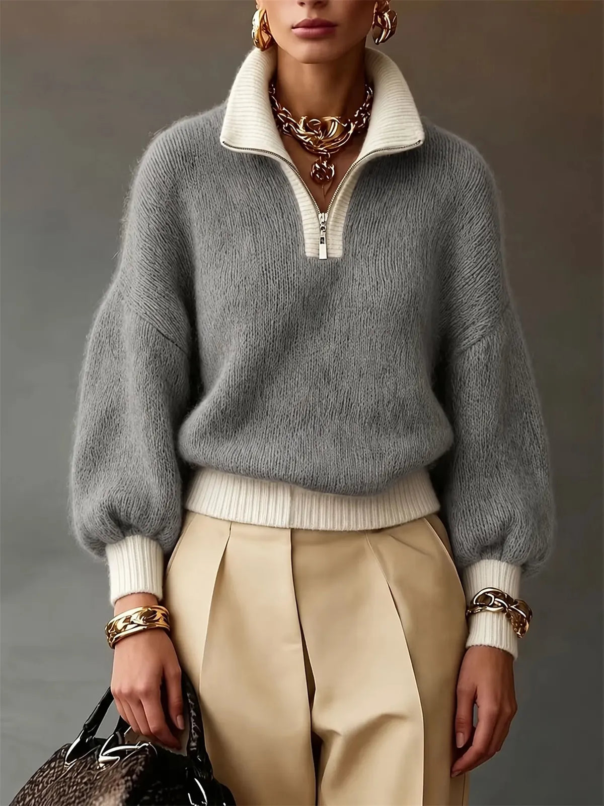 Grey Women's Half Zip Sweater with Stand Collar & Ribbed Cuffs