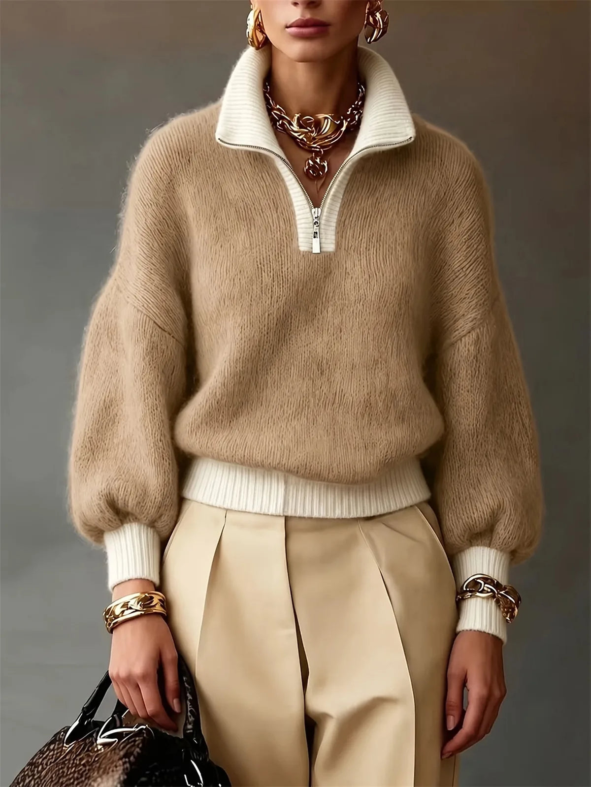 Khaki Women's Half Zip Sweater with Stand Collar & Ribbed Cuffs