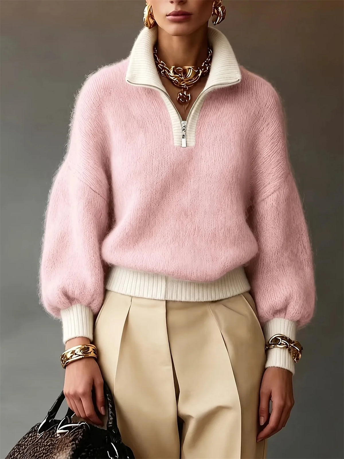 Pink Women's Half Zip Sweater with Stand Collar & Ribbed Cuffs