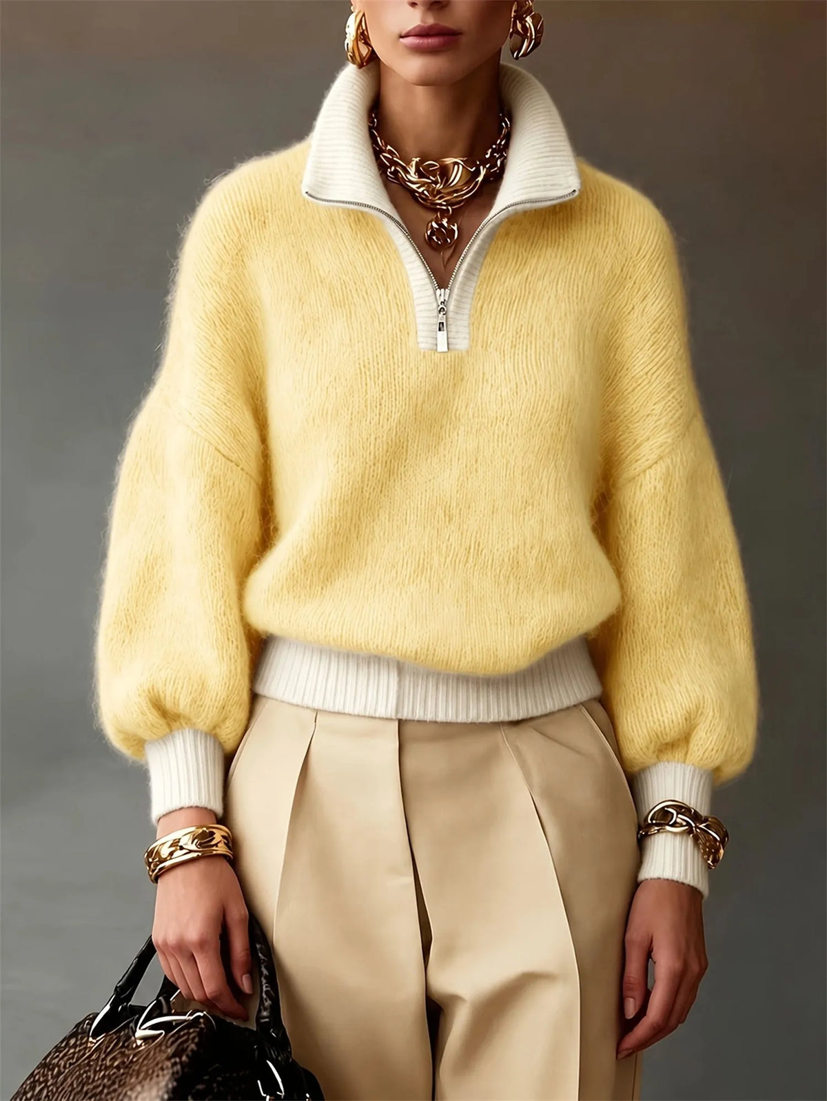 Yellow Women's Half Zip Sweater with Stand Collar & Ribbed Cuffs