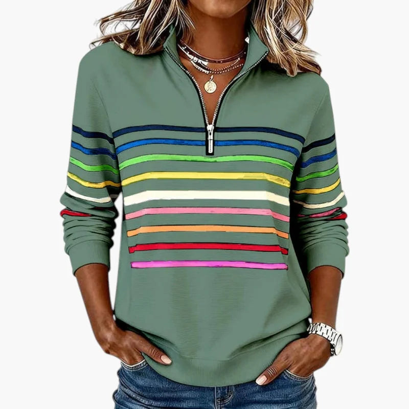 Green Women's Striped Half Zip Sweatshirt with Stand Collar & Regular Fit