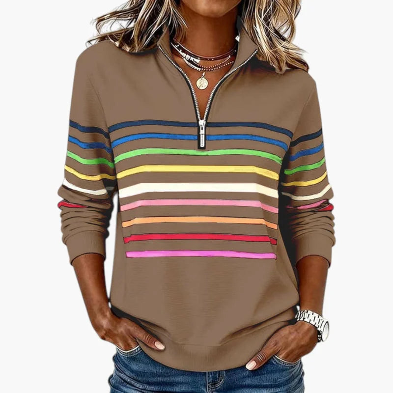 Khaki Women's Striped Half Zip Sweatshirt with Stand Collar & Regular Fit