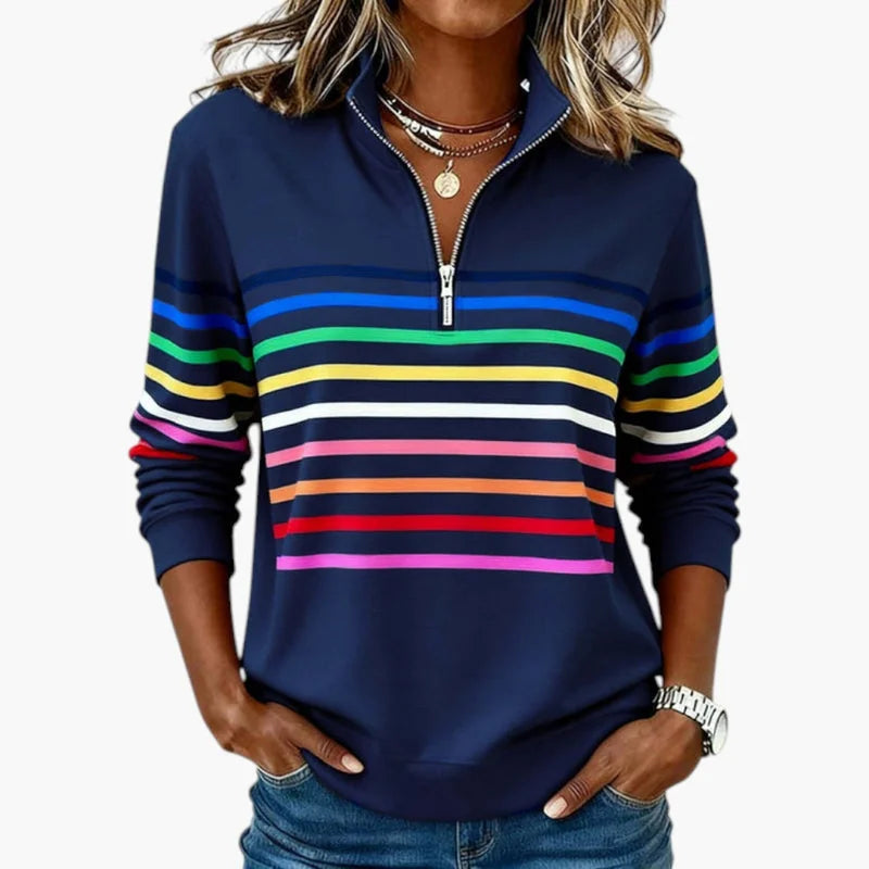 Navy Blue Women's Striped Half Zip Sweatshirt with Stand Collar & Regular Fit — Bess