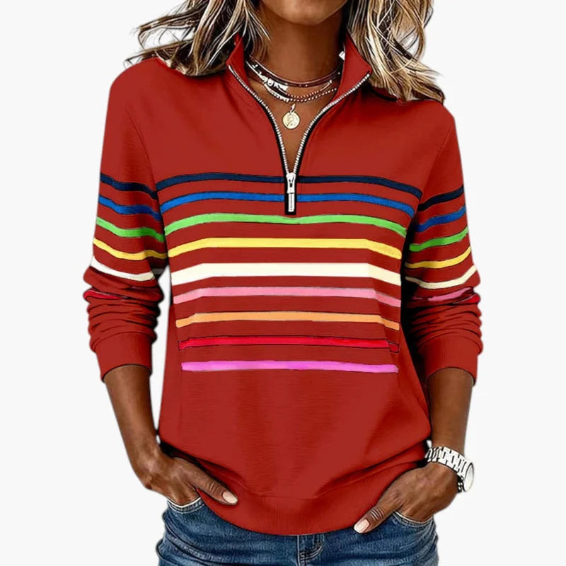Red Women's Striped Half Zip Sweatshirt with Stand Collar & Regular Fit