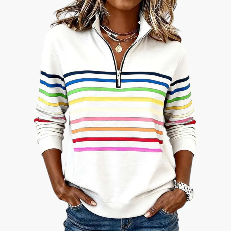 White Women's Striped Half Zip Sweatshirt with Stand Collar & Regular Fit