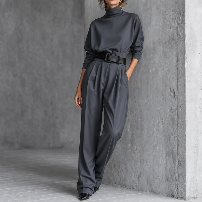Grey Women's Turtleneck Pants Set with High-Waisted Wide-Leg Trousers & Belt