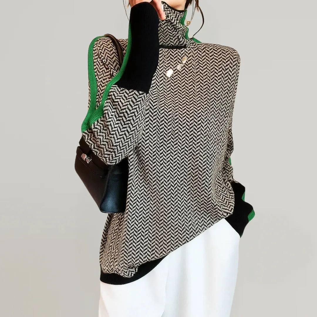 Green Women's High Neck Sweater with Contrast Stripe Detail & Relaxed Fit