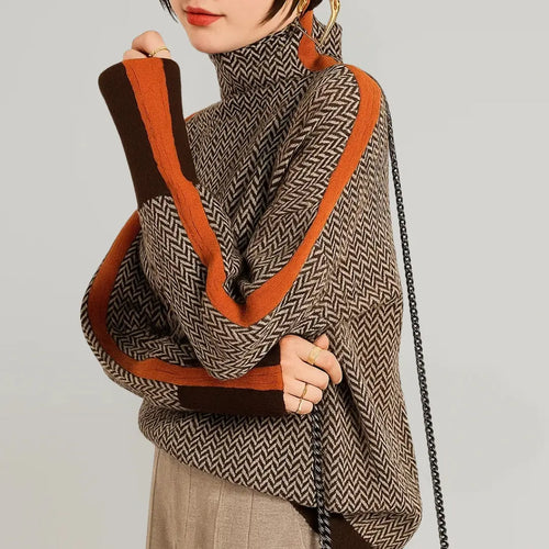 Women's High Neck Sweater with Contrast Stripe Detail & Relaxed Fit - Close Up Detail