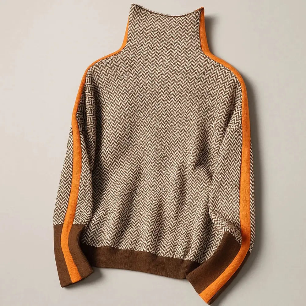 Women's High Neck Sweater with Contrast Stripe Detail & Relaxed Fit - Flat Lay Back