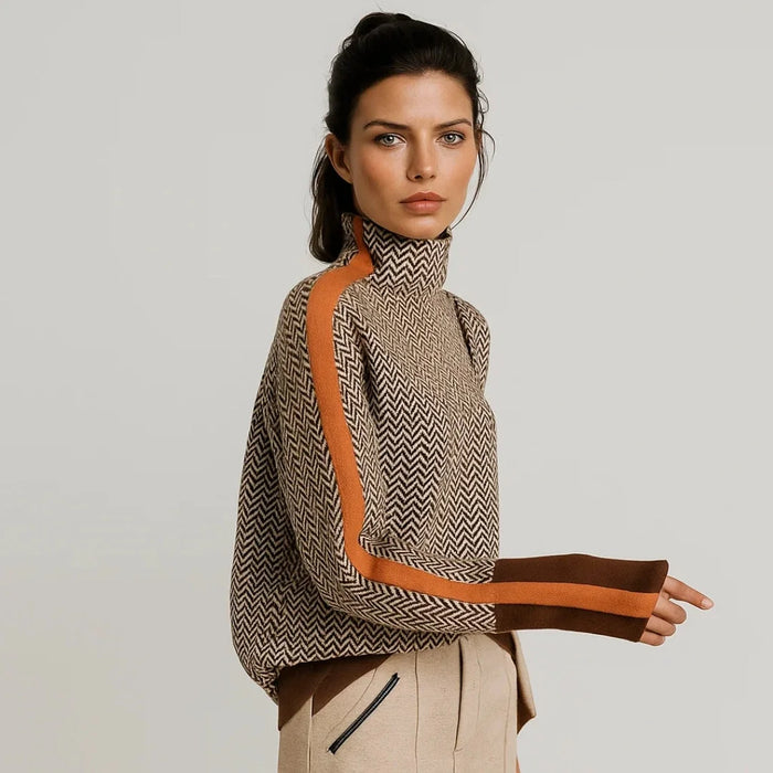 Orange Women's High Neck Sweater with Contrast Stripe Detail & Relaxed Fit