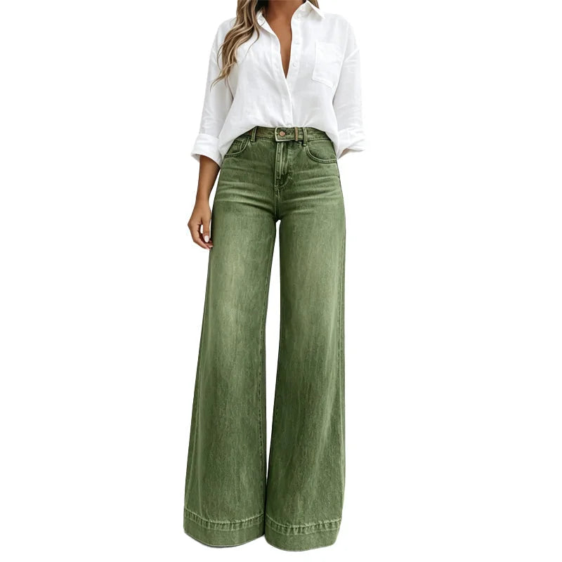 Army Green Women's High Waist Wide Leg Jeans with Structured Waistband & Relaxed Drape - Front Full
