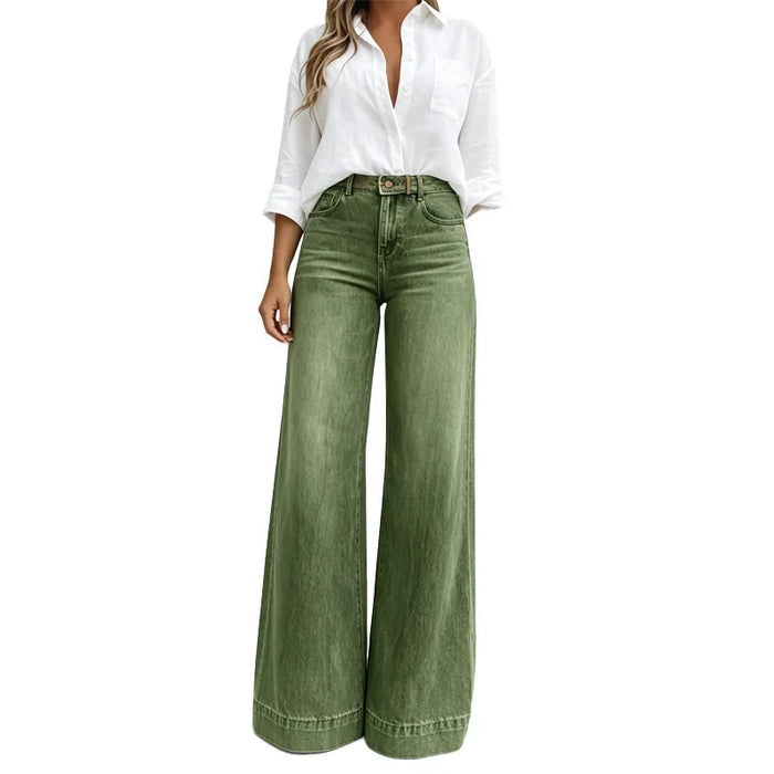 Army Green Women's High Waist Wide Leg Jeans with Structured Waistband & Relaxed Drape - Front Full