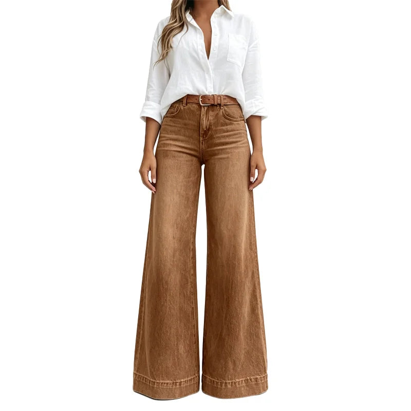 Dark Brown Women's High Waist Wide Leg Jeans with Structured Waistband & Relaxed Drape - Front Pose