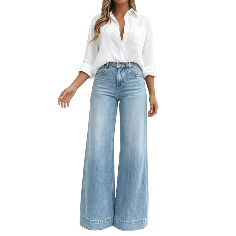 Light Blue Women's High Waist Wide Leg Jeans with Structured Waistband & Relaxed Drape - Front Stance