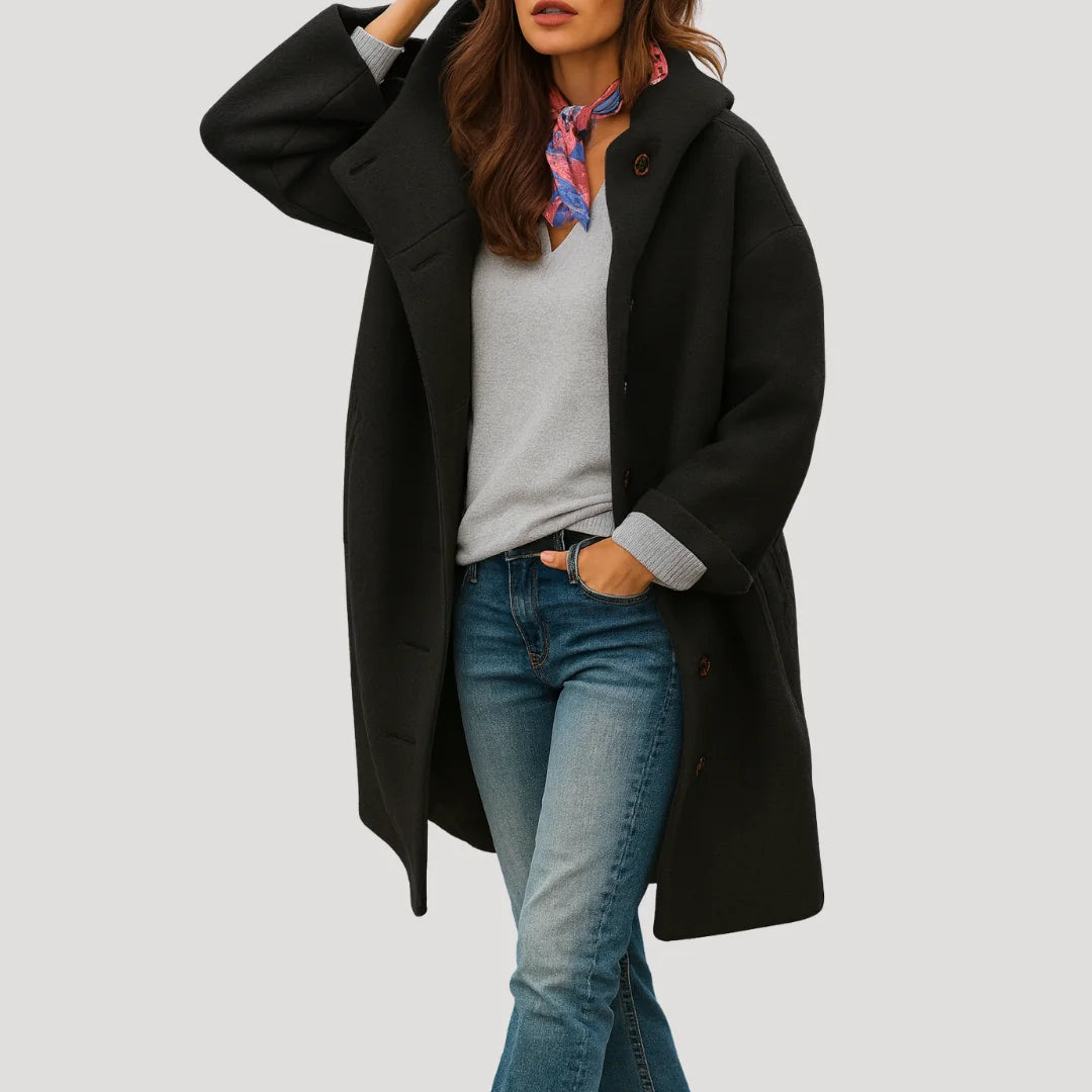 Black Women's Hooded Button Coat with Side Pockets & Relaxed Mid-Length Fit
