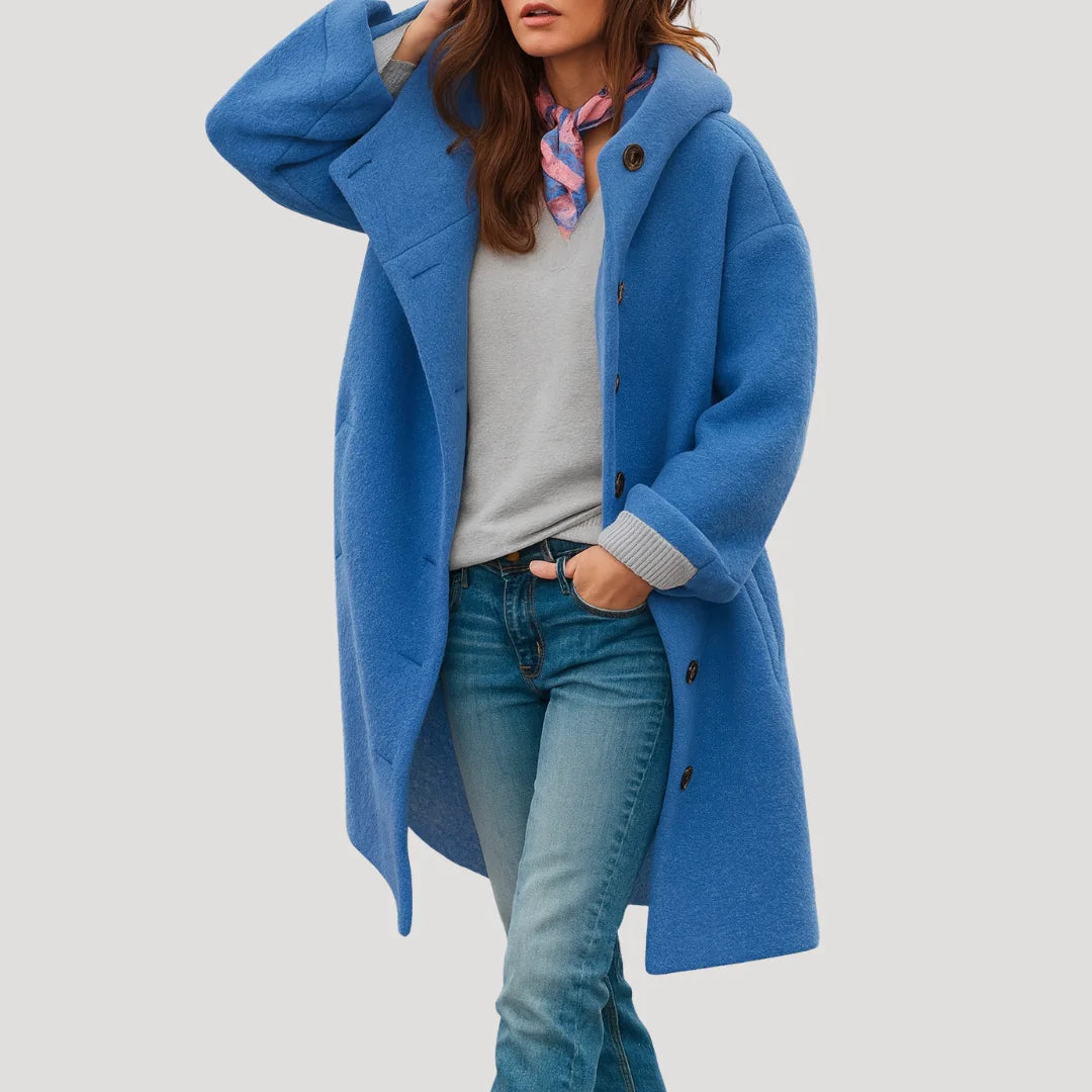 Blue Women's Hooded Button Coat with Side Pockets & Relaxed Mid-Length Fit