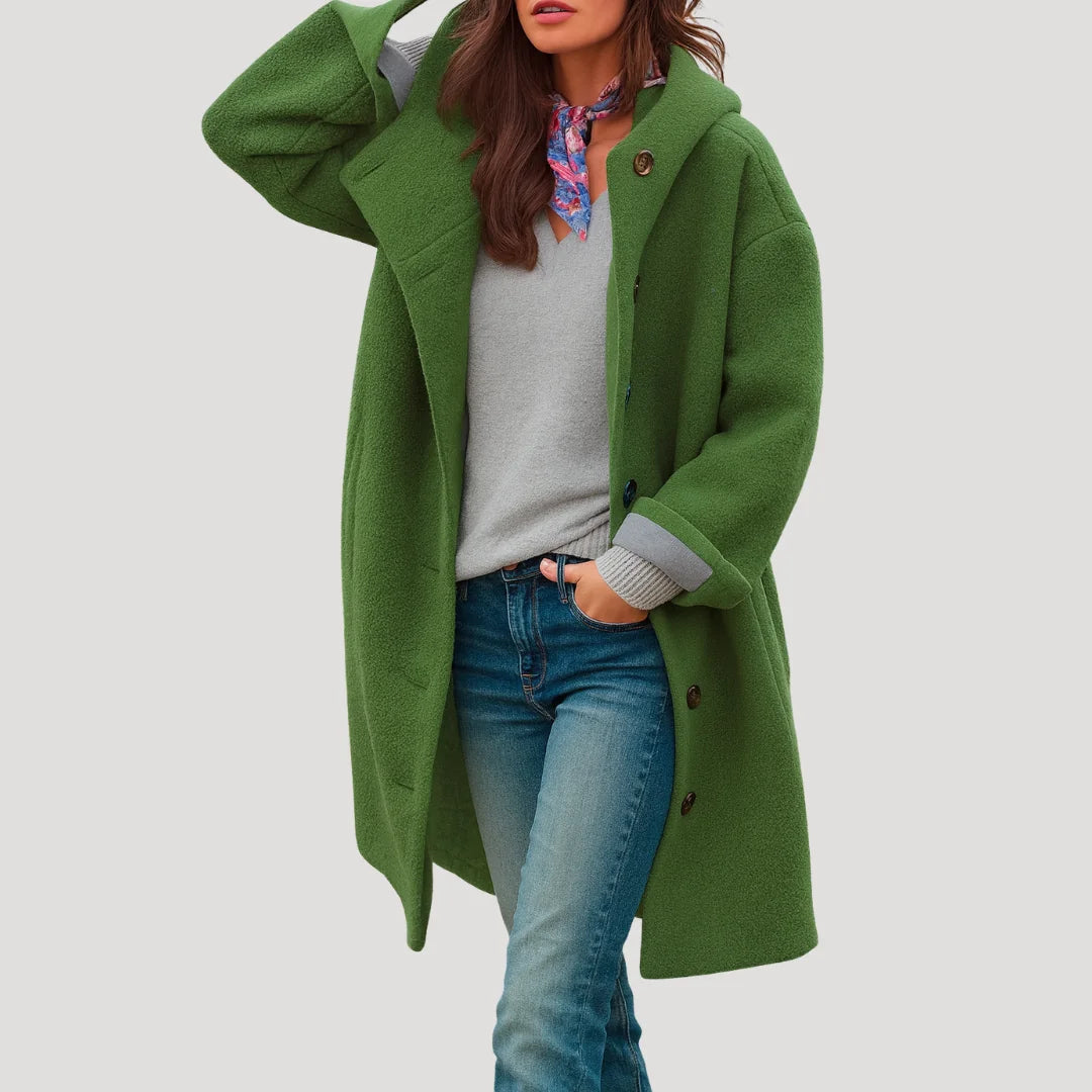 Green Women's Hooded Button Coat with Side Pockets & Relaxed Mid-Length Fit