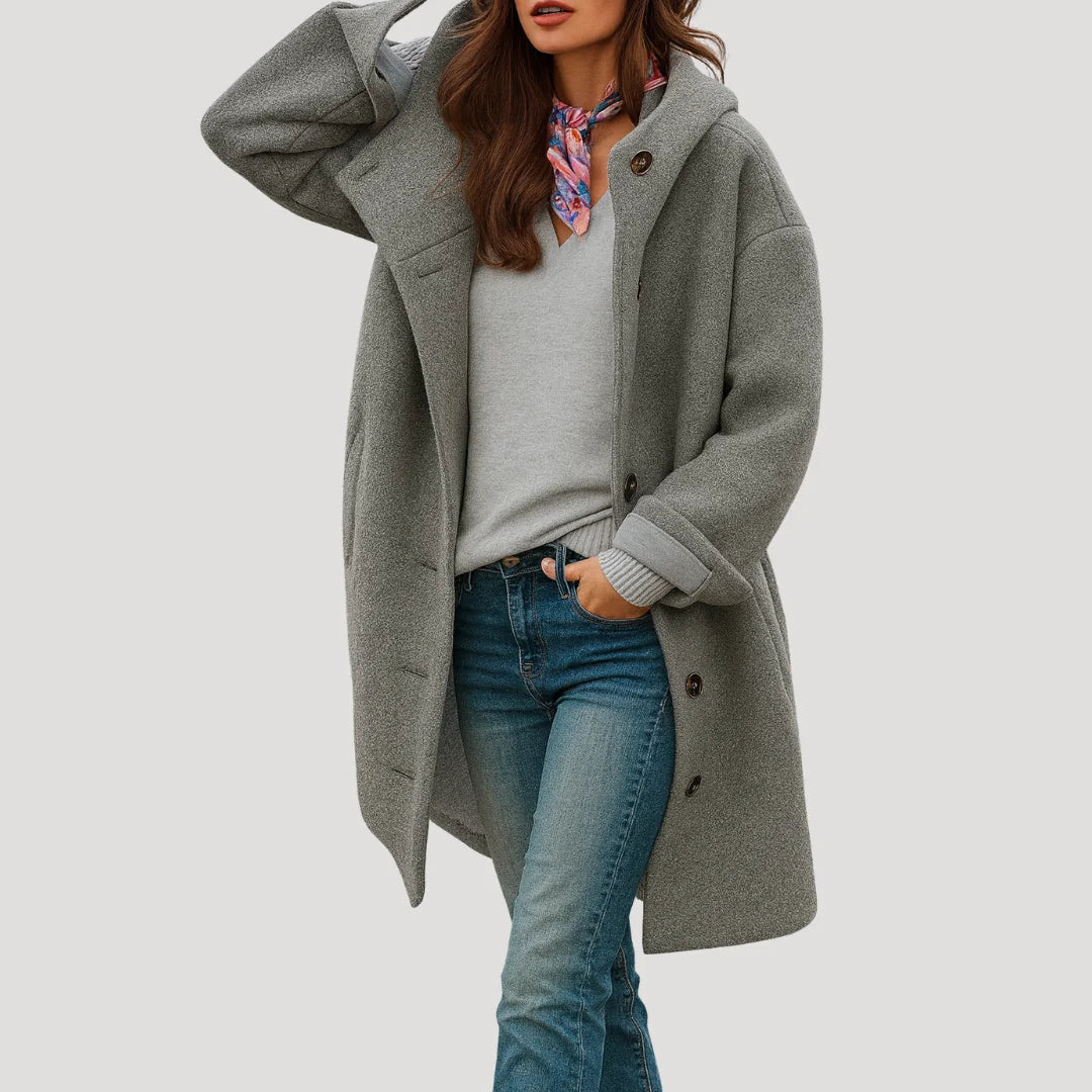 Grey Women's Hooded Button Coat with Side Pockets & Relaxed Mid-Length Fit