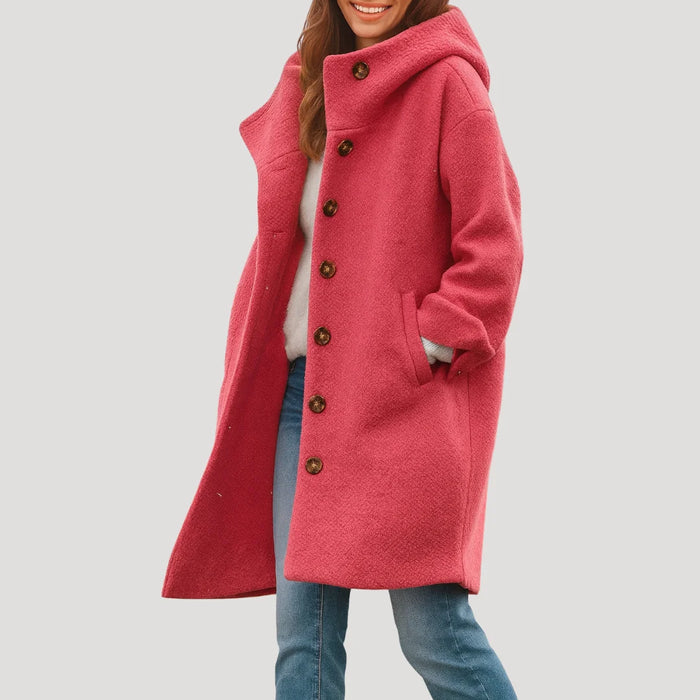 Rose Women's Hooded Button Coat with Side Pockets & Relaxed Mid-Length Fit