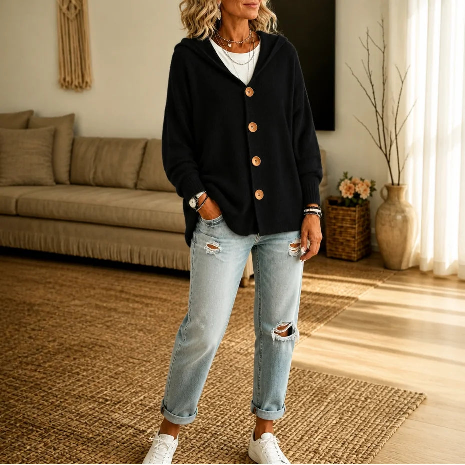 Black Women's Hooded Cardigan with Button-Front Closure & Relaxed Fit