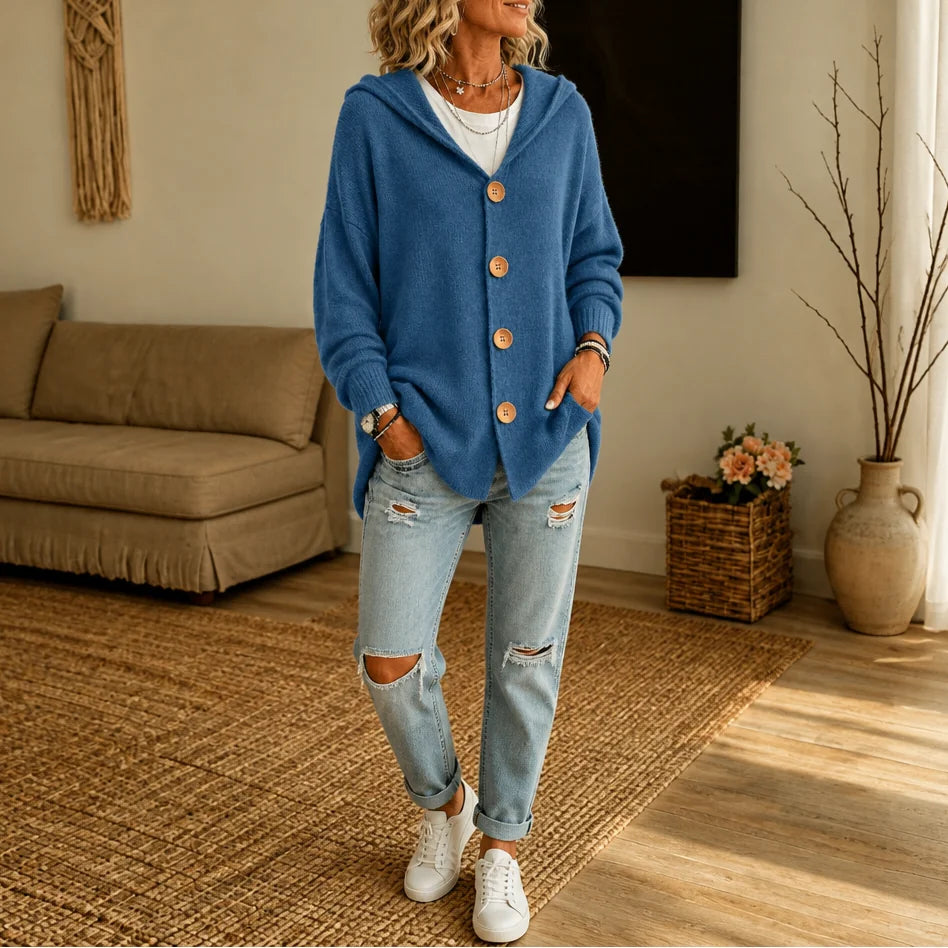 Blue Women's Hooded Cardigan with Button-Front Closure & Relaxed Fit