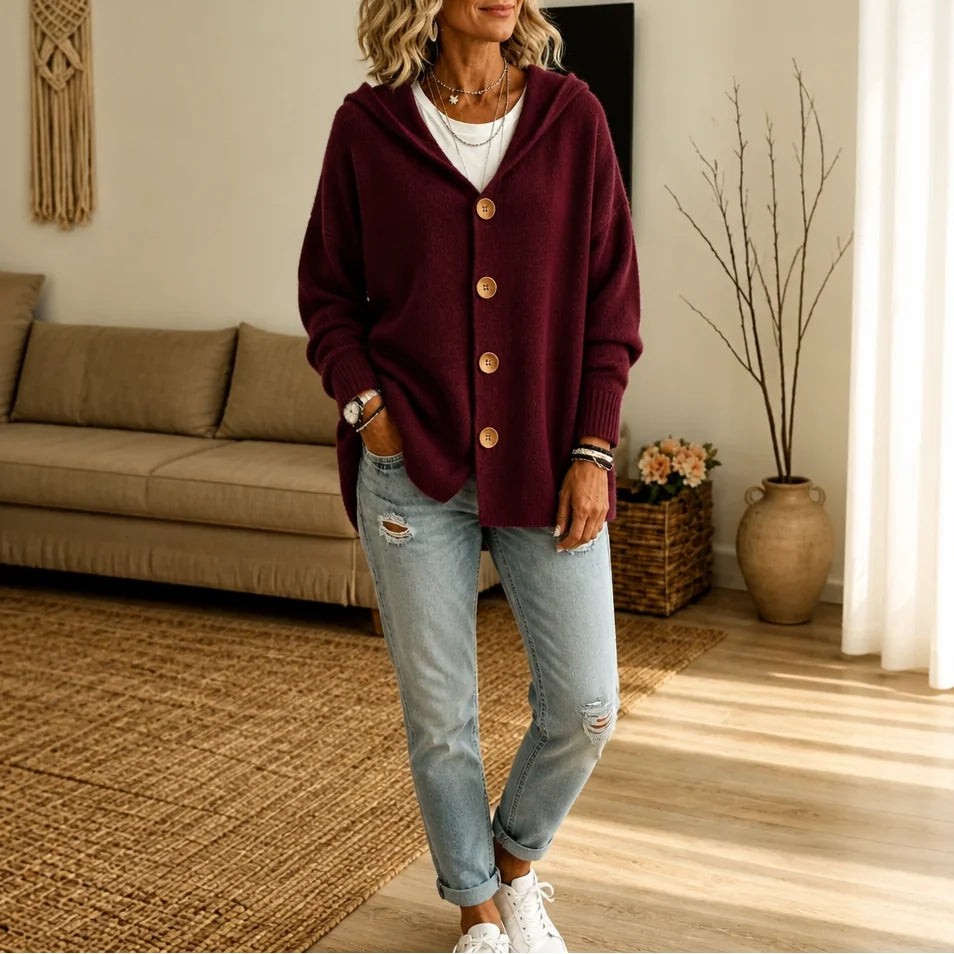Burgundy Women's Hooded Cardigan with Button-Front Closure & Relaxed Fit