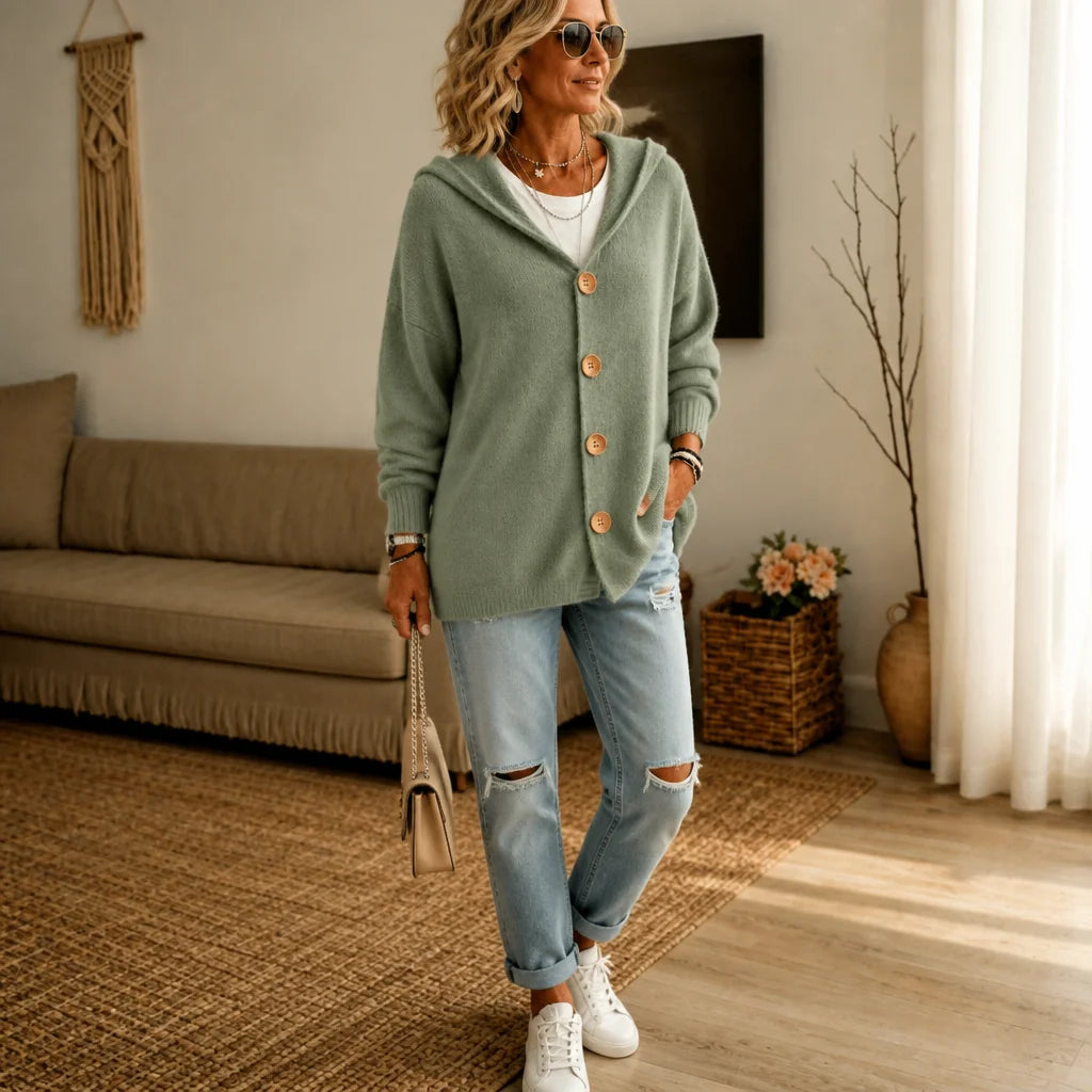 Green Women's Hooded Cardigan with Button-Front Closure & Relaxed Fit
