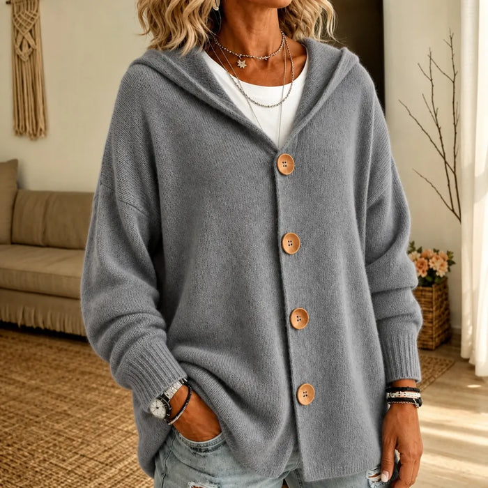 Women's Hooded Cardigan with Button-Front Closure & Relaxed Fit - Front Button Closeup