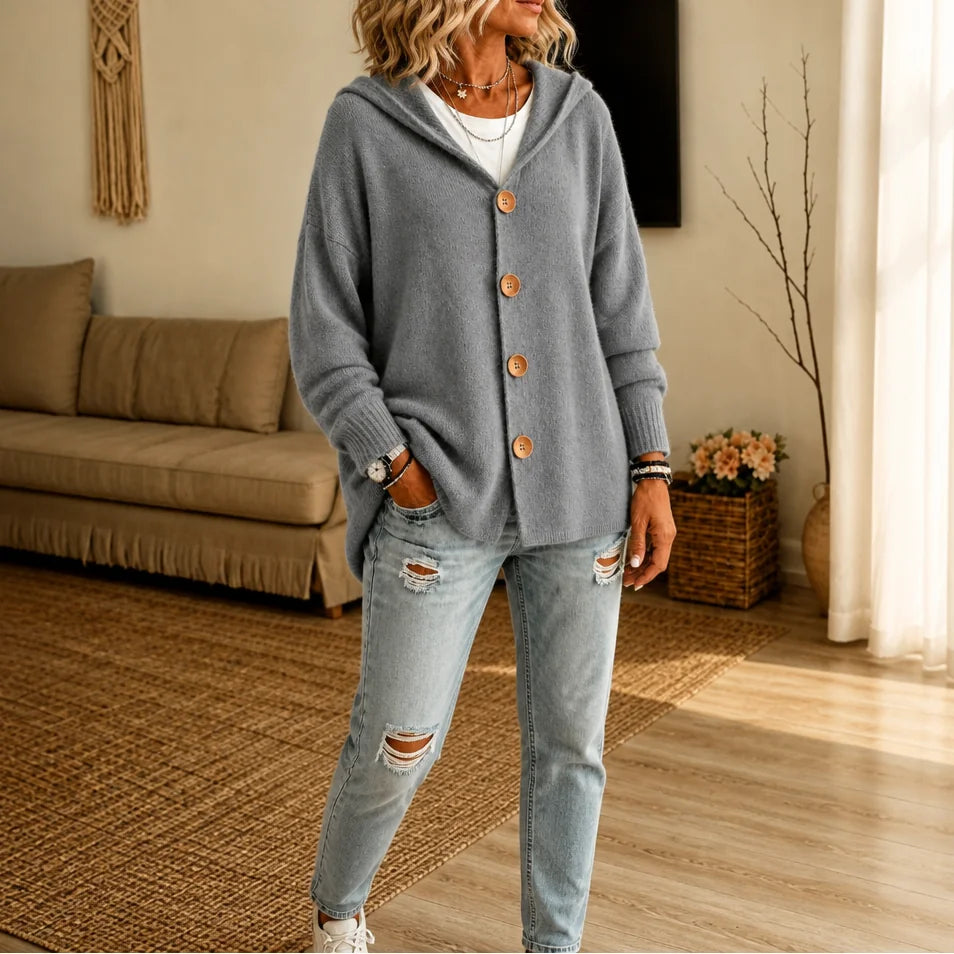 Grey Women's Hooded Cardigan with Button-Front Closure & Relaxed Fit