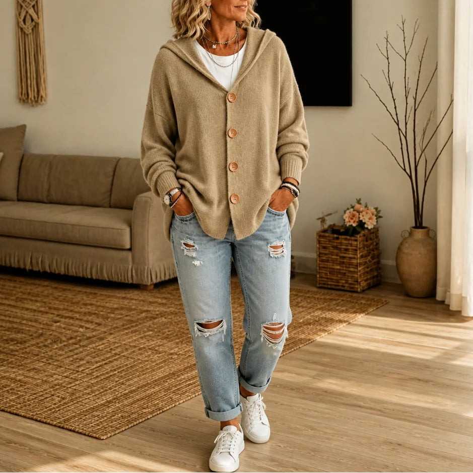 Khaki Women's Hooded Cardigan with Button-Front Closure & Relaxed Fit