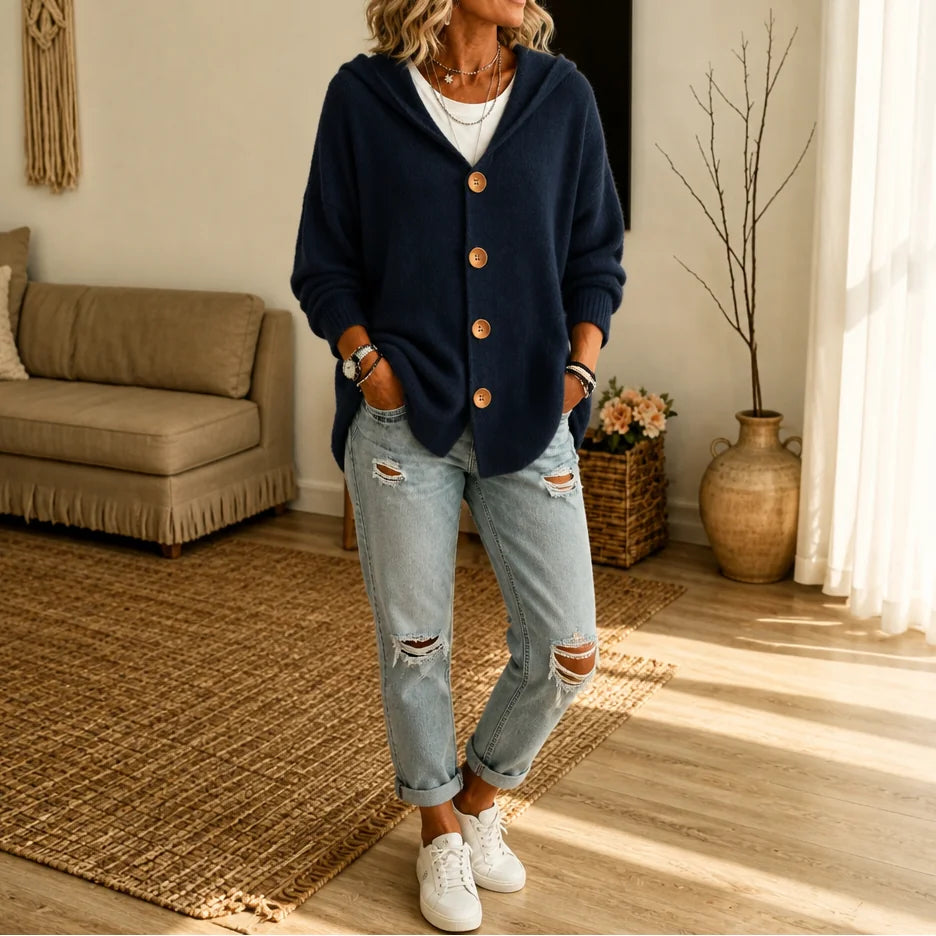 Navy Blue Women's Hooded Cardigan with Button-Front Closure & Relaxed Fit