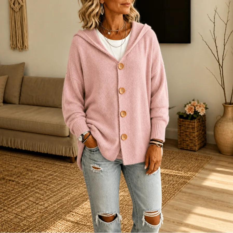 Pink Women's Hooded Cardigan with Button-Front Closure & Relaxed Fit