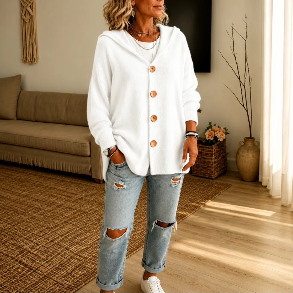 White Women's Hooded Cardigan with Button-Front Closure & Relaxed Fit