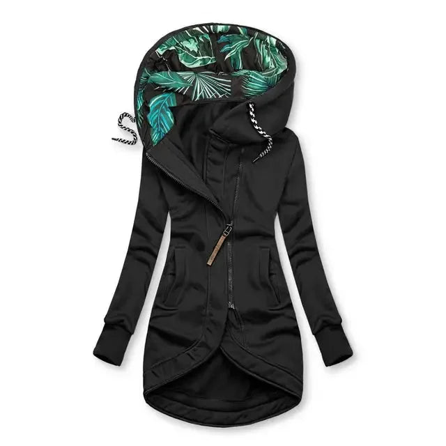 Black Women's Hooded Jacket with Asymmetric Zip & Leaf-Print Hood Lining — Tilly