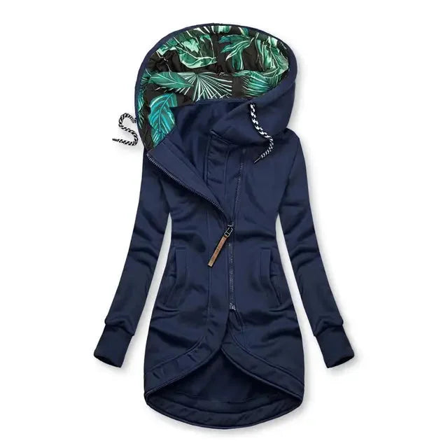 Blue Women's Hooded Jacket with Asymmetric Zip & Leaf-Print Hood Lining — Tilly