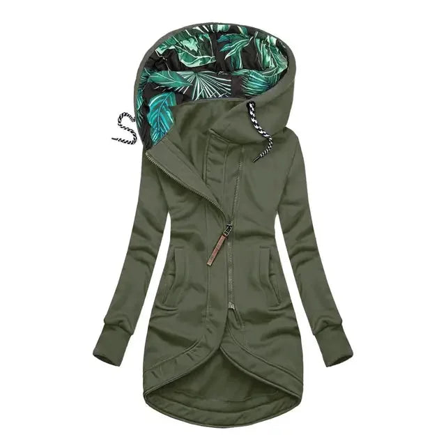 Green Women's Hooded Jacket with Asymmetric Zip & Leaf-Print Hood Lining — Tilly