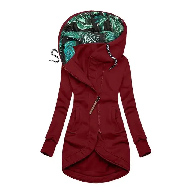 Red Women's Hooded Jacket with Asymmetric Zip & Leaf-Print Hood Lining — Tilly