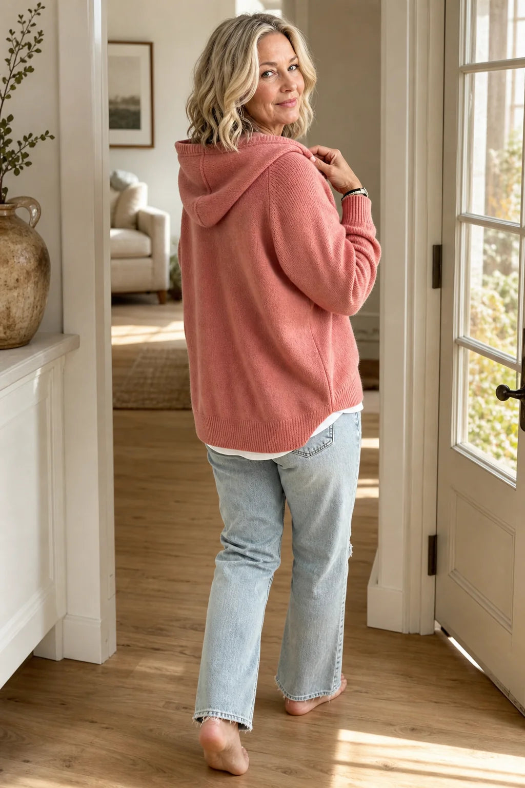 Pink Women's Hooded Knit Sweater with Drawstring Hood & Relaxed Fit — Kennedy - Back Full Walking