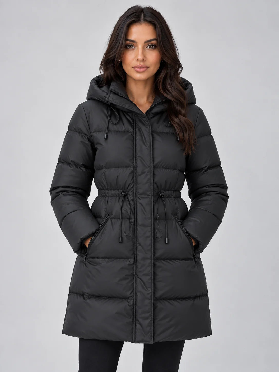 Black Women's Hooded Puffer Coat with Drawstring Waist & Longline Fit