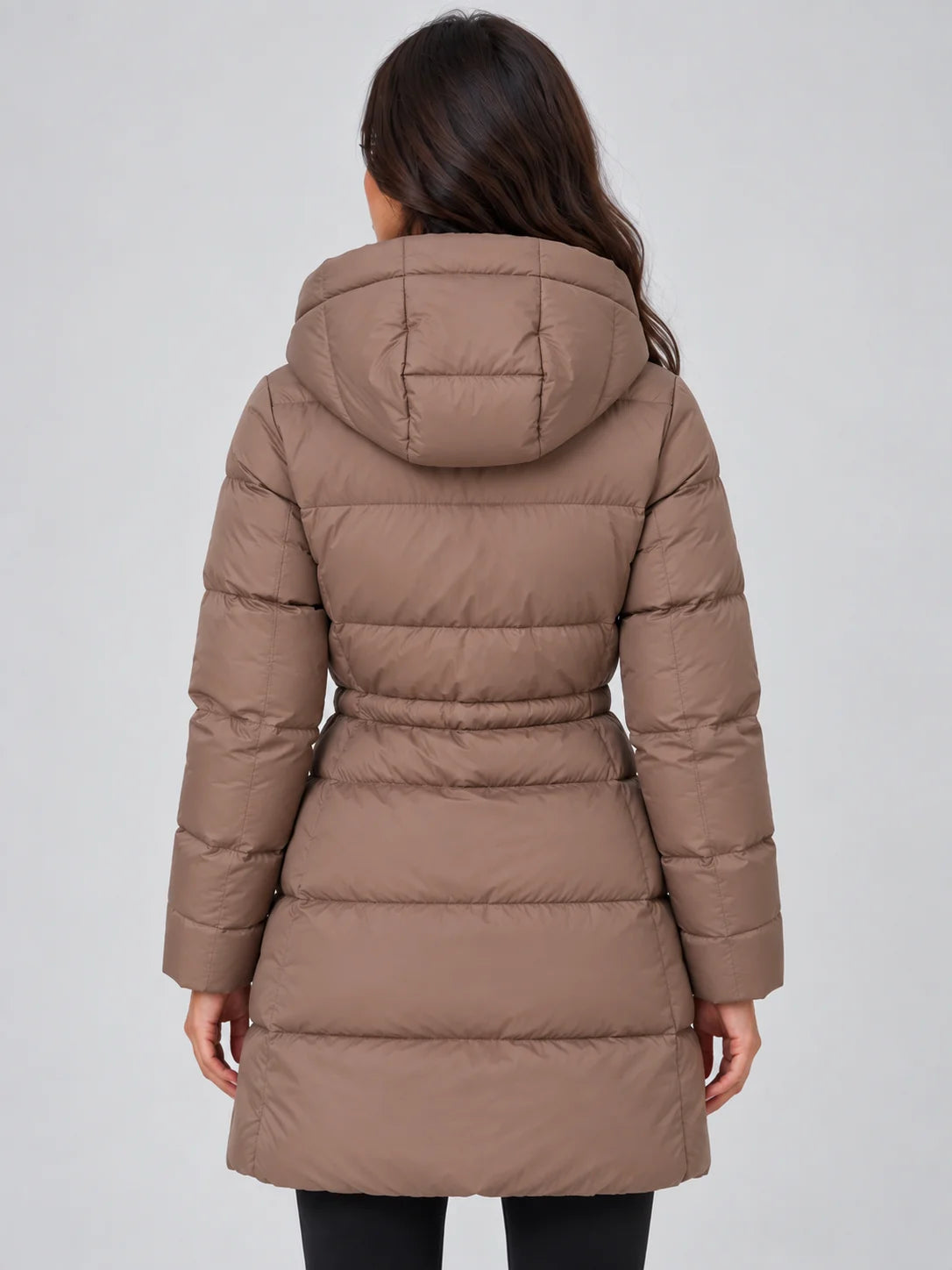 Women's Hooded Puffer Coat with Drawstring Waist & Longline Fit - Back Full