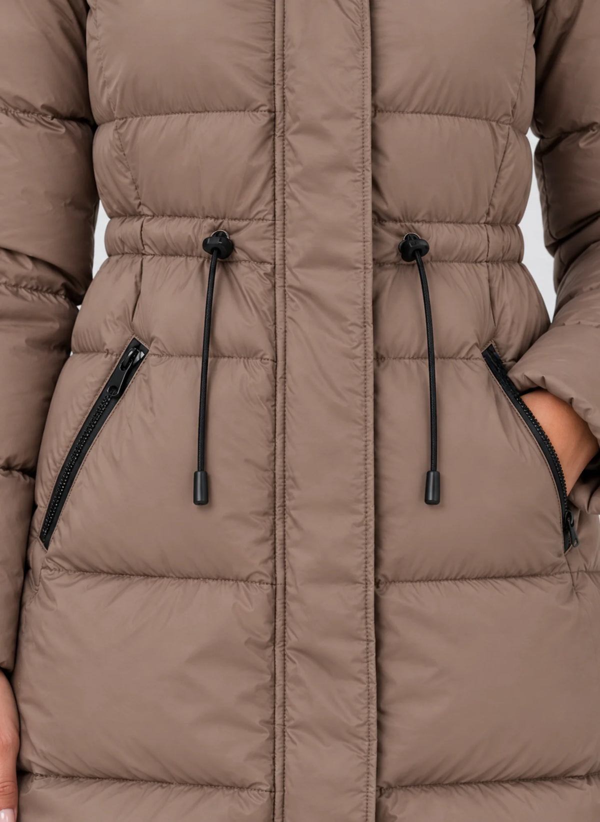 Women's Hooded Puffer Coat with Drawstring Waist & Longline Fit - Close Up Pocket Detail