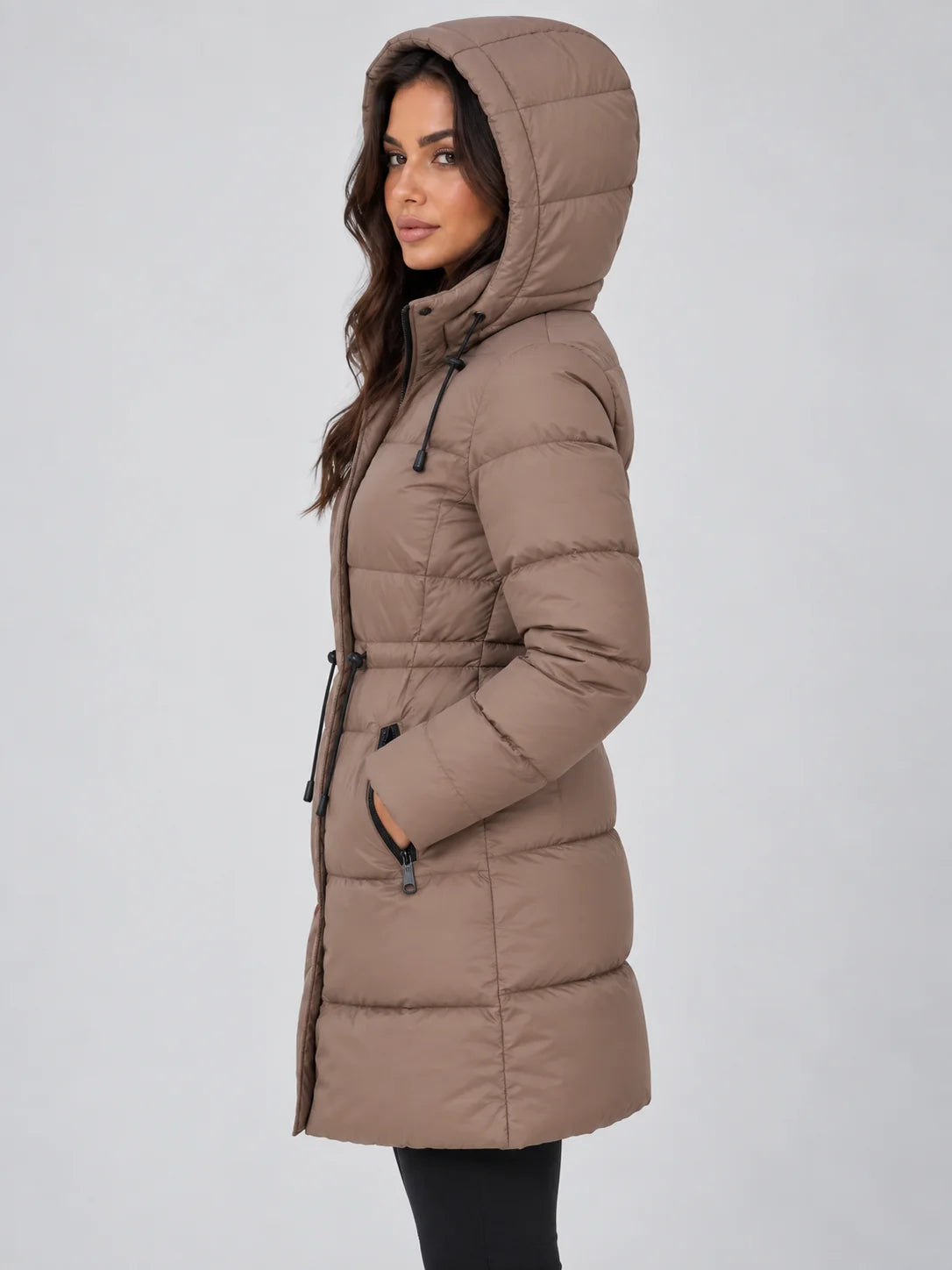 Women's Hooded Puffer Coat with Drawstring Waist & Longline Fit - Side Pose
